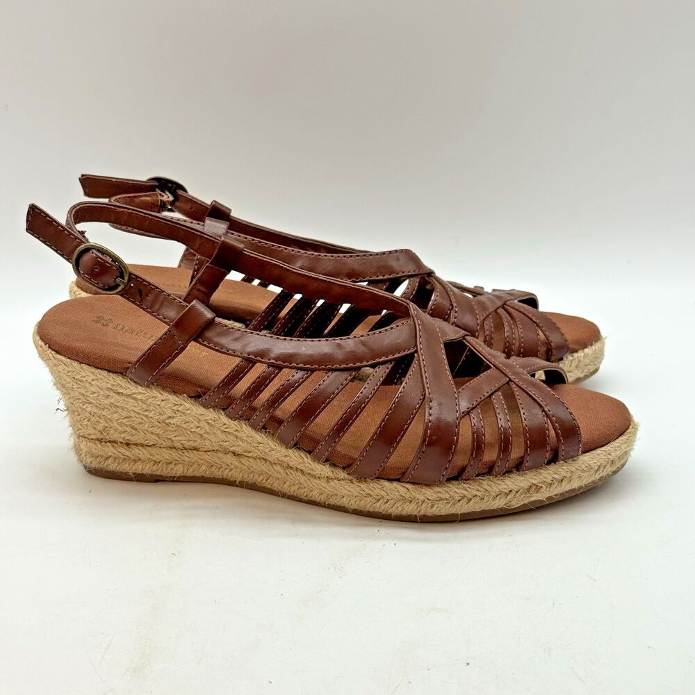 Naturalizer Strappy Espadrille Sandals Women's 7M Brown Leather Wedge Heel Shoes